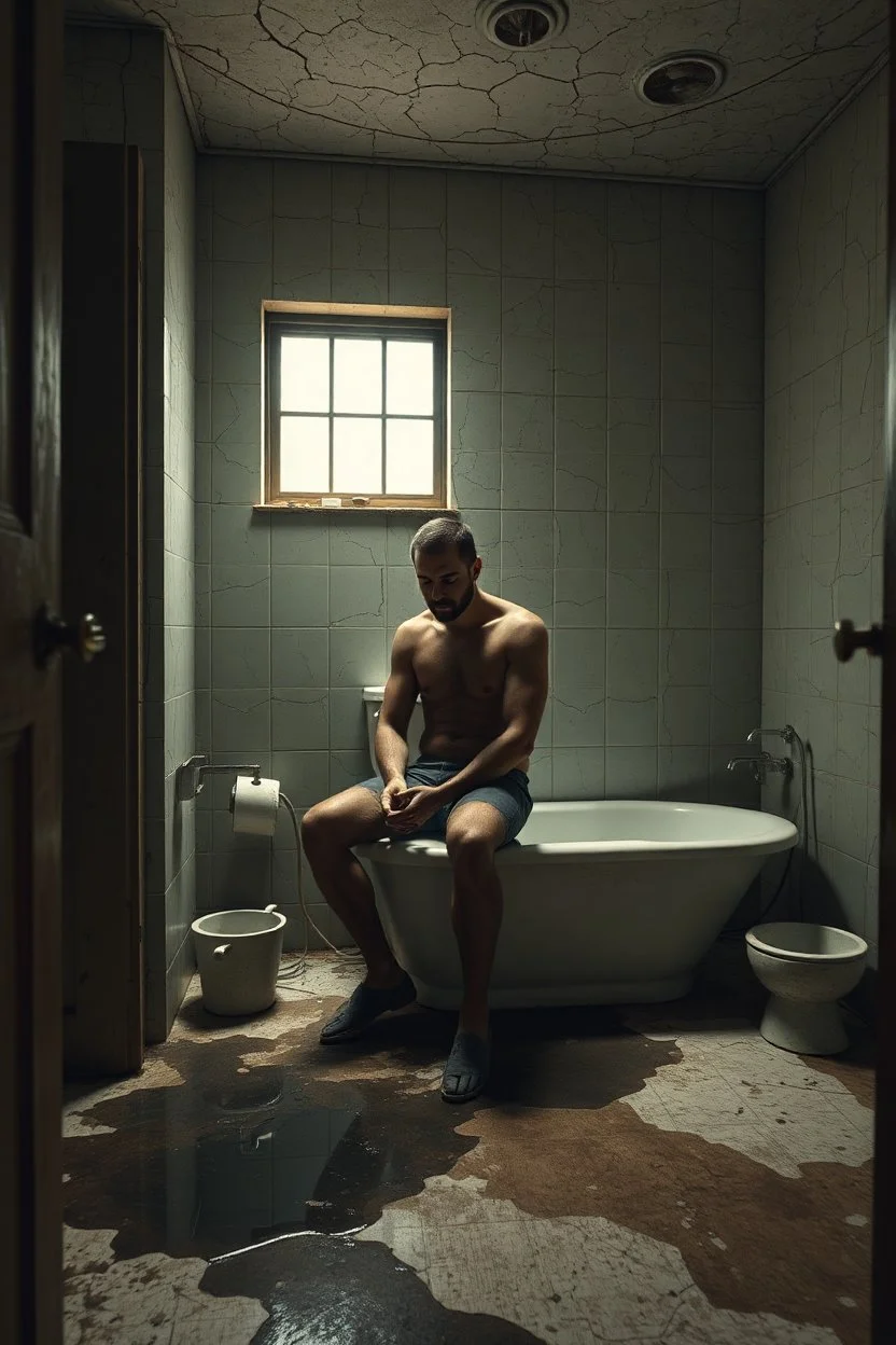 "A very old paints cracked dirty abandoned bathroom with dirty a man setting on a toilet seat smoking aside, and tub and dirty water on the floor,insanely detailed octane render trending on artstation, 8k artistic photography, photorealistic concept art, soft natural volumetric cinematic perfect light, chiaroscuro, award-winning photograph, masterpiece, oil on canvas, Raphael, Caravaggio, Greg Rutkowski, people, beksinski, Giger