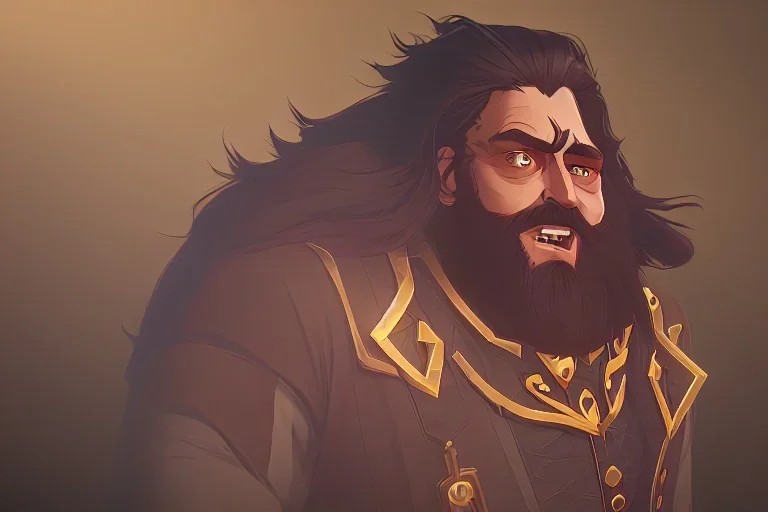 Other worldly boisterous long haired bearded tall middle-aged man wearing many gold rings and rugged long fur trimmed merchant's coat, dark background, dynamic lighting, full body character design