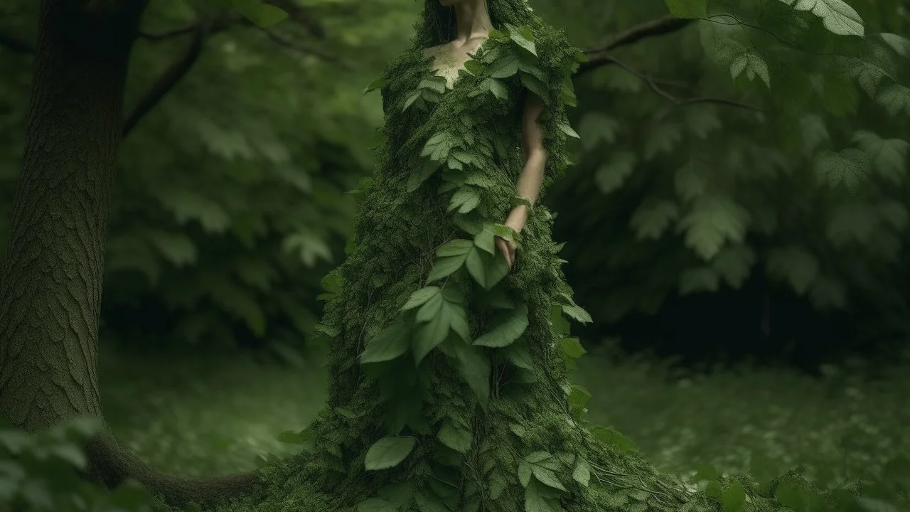 woman in a dress made of tiny leaves, growing out of a tree in a wood