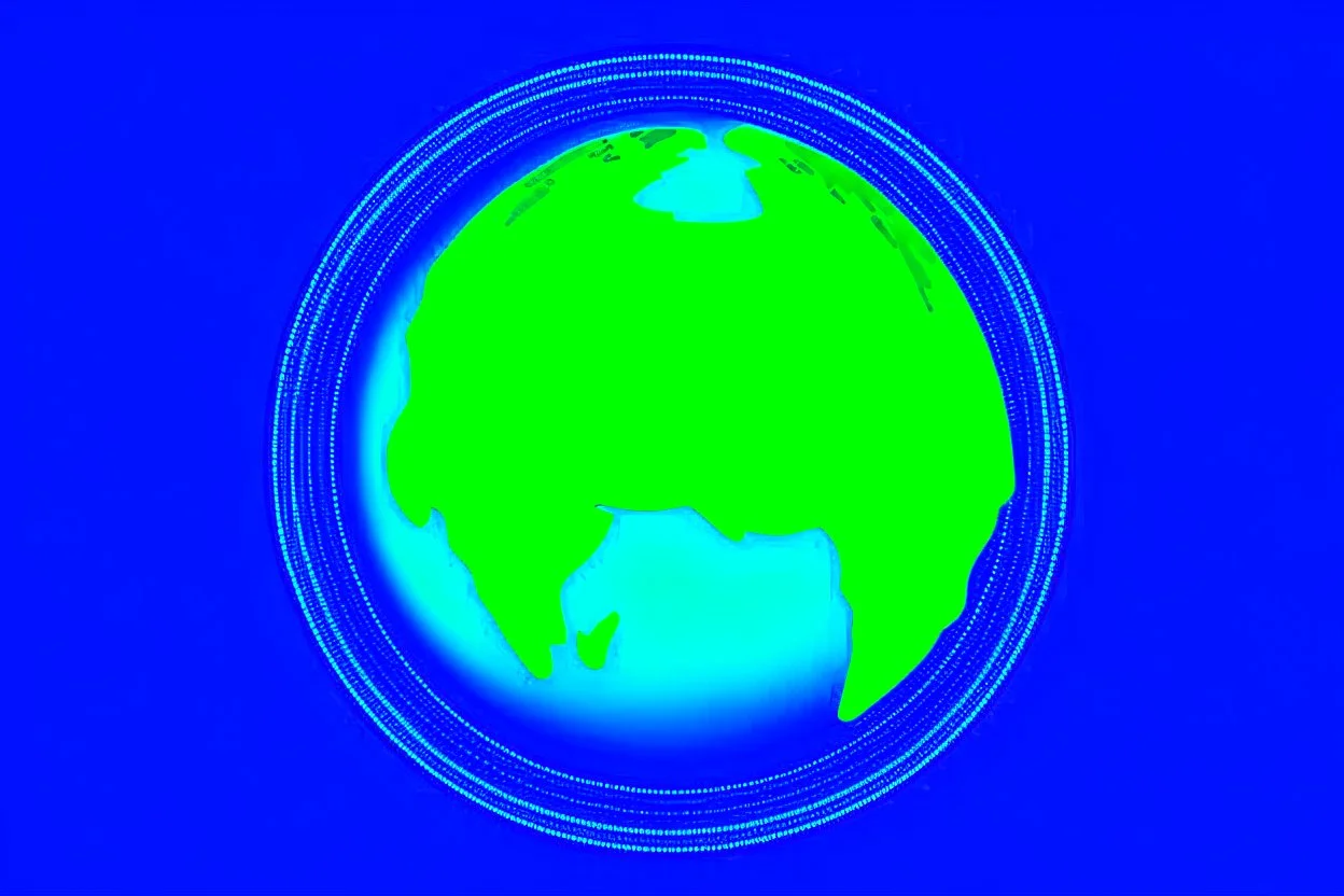 blue and green of a globe with a video play button in the middle