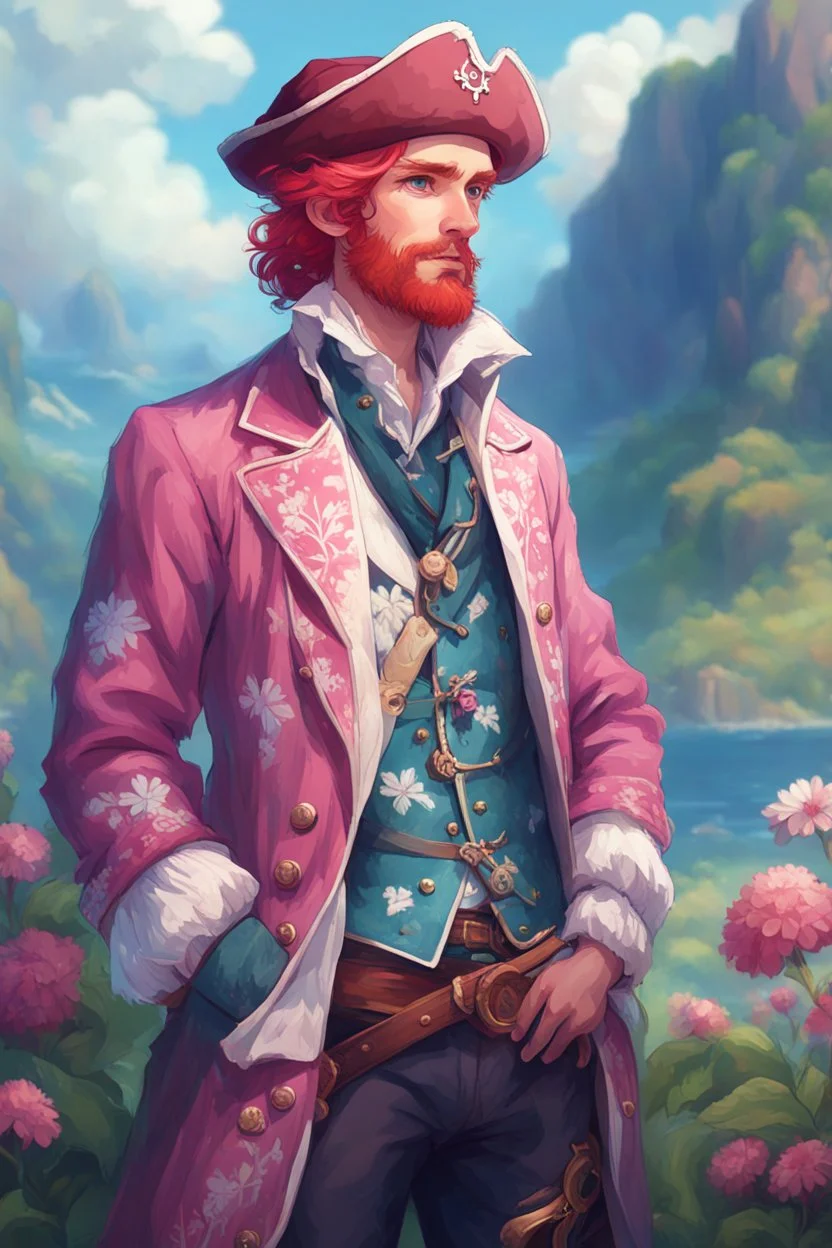 kind sailor, man, red slightly curly hair, long jacket, pink-azure clothes, pink-azure cocked hat in cold colors, white floral pattern on jacket, flower in hair, pirate, stardew, valley style