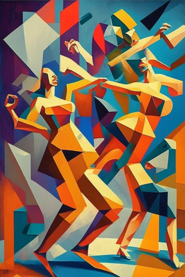 people, dancing, cubist painting, oil in canvas, splash, rust, geometric shapes, colorful, retro, iconic