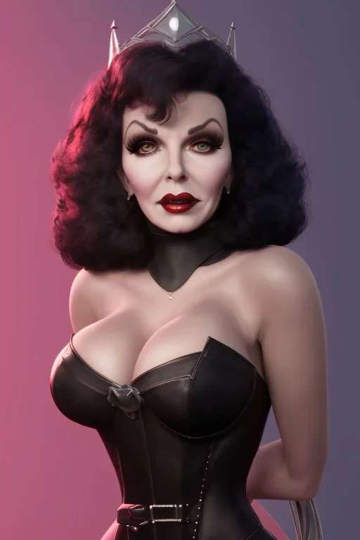 Joan Collins as evil queen in black leather, leather, busty, cleavage, angry, stern look. character design by cory loftis, fenghua zhong, ryohei hase, ismail inceoglu and ruan jia. unreal engine 5, artistic lighting, highly detailed, photorealistic, fantasy