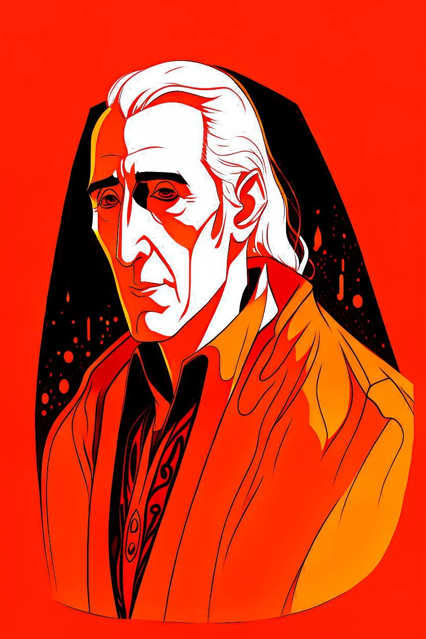 A portrait of Christopher Lee in his thirties as an elf mage, dressed in an expensive orange medieval shirt, in the style of Genndy Tartakovsky, long elven ears, dark background