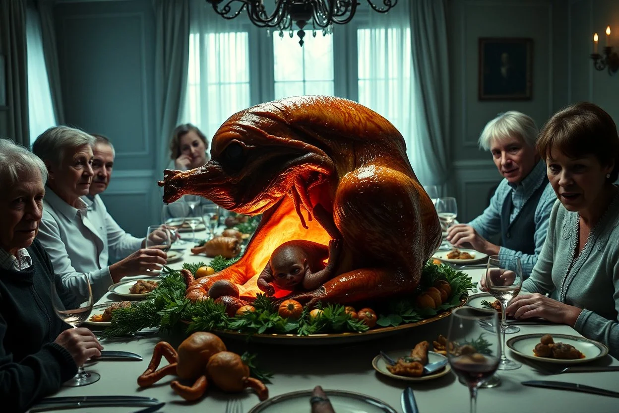 Christmas dinner table with extended family in sitting politely around table with a large oozing roasted turkey on a platter with a baby xenomorph bursting from out of the turkey, visceral, unsettling, by Joel-Peter Witkin and Laurie Lipton, color photograph, weirdcore, sharp focus, dynamic lighting, 8K resolution