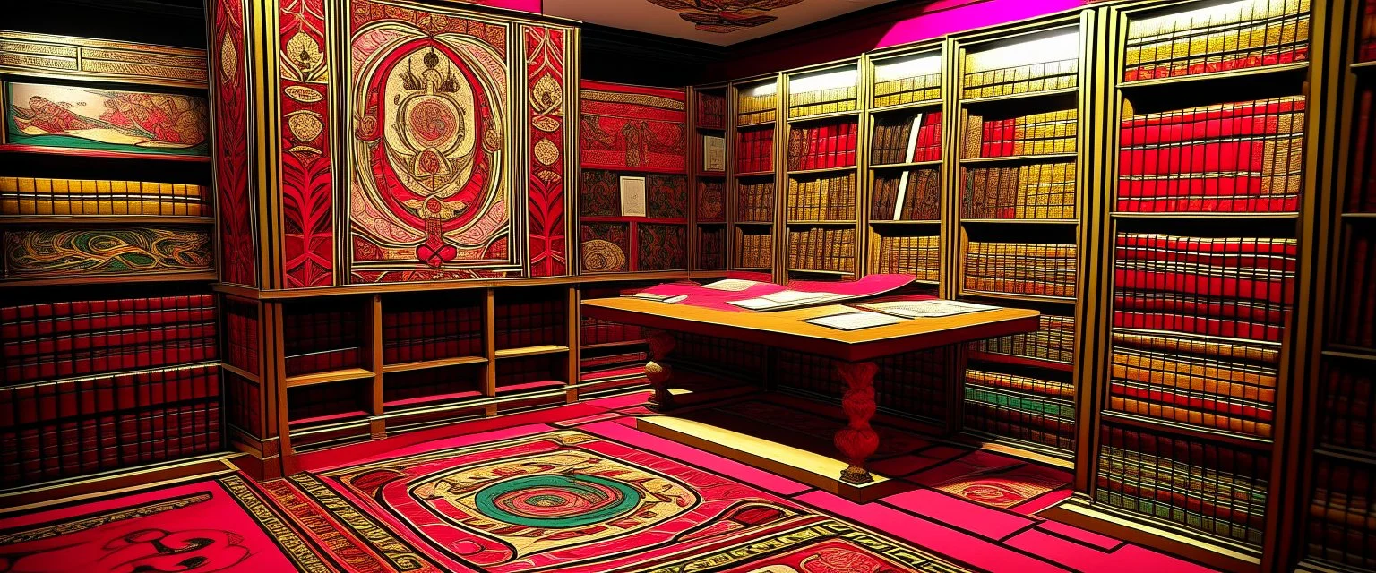 A magenta psychic's library designed in Bayeux tapestry painted by Giovanni Battista Sassi