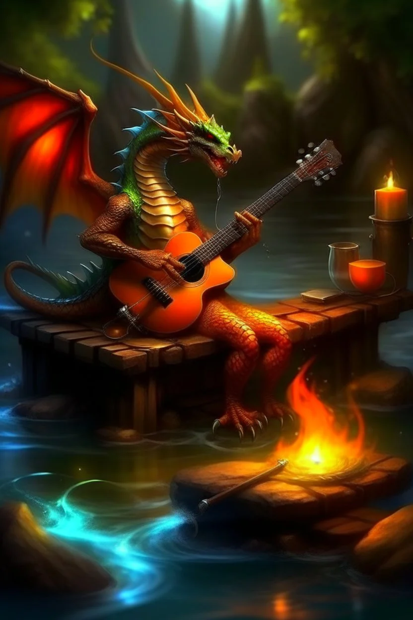 A Dragon water and dampf and play gitare and sit on a cair and have fire