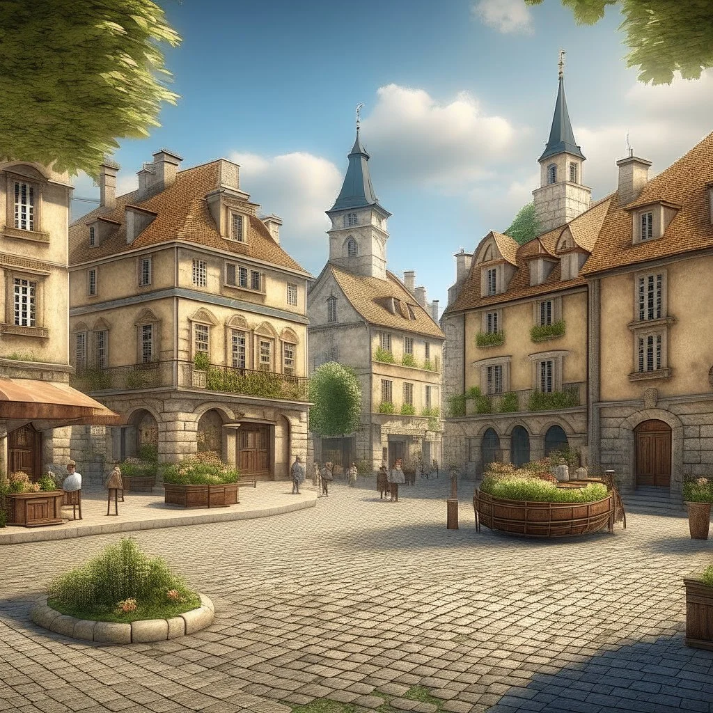 Generate an image of a historic European village square with cobblestone streets, charming old buildings, and a lively market. Capture the essence of a bygone era."