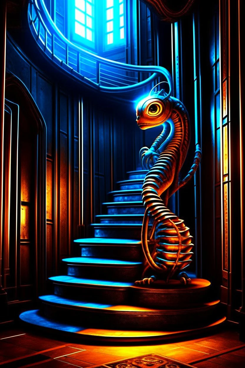 chat robot creating crazy revenue in the style of giger, spray paint, photo realism, trending on art station, 8k, depth of field, down light, light rays, volumetric, reflective spiral staircase, blue, brown and orange