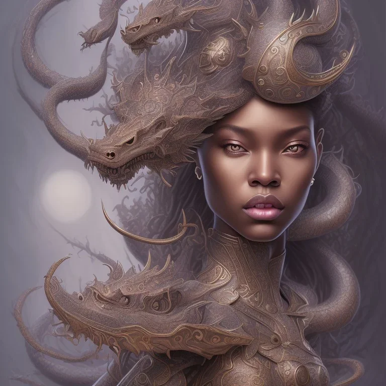 sango fantasy, fantasy magic, intricate, sharp focus, illustration, highly detailed, digital painting, concept art, matte, artgerm and paul lewin and kehinde wiley, masterpiece sexy lips Asian afro lips black African lady body mermaid Dragon head silver bright rain lady outer space pretty skull head