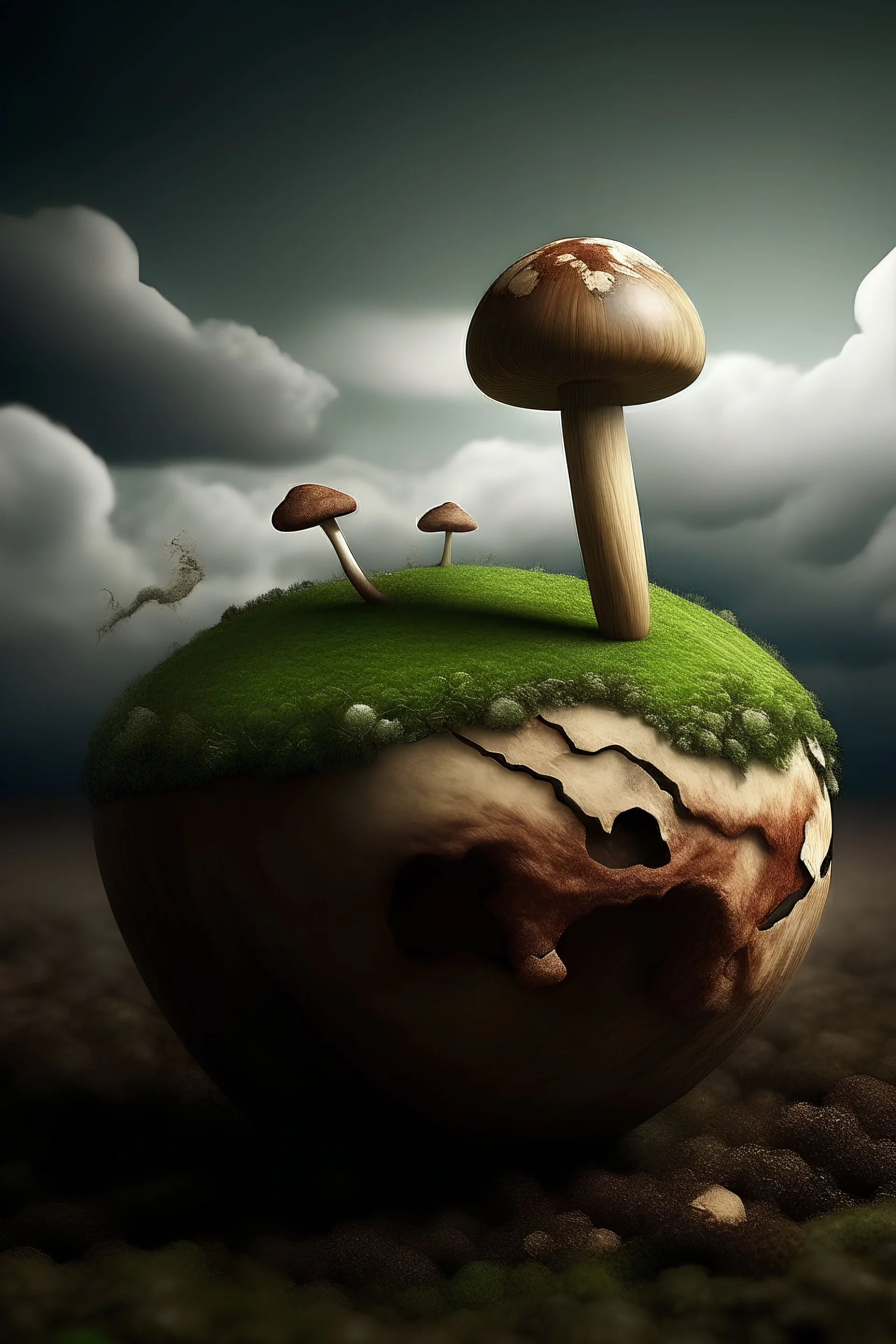 old hammer with mushrooms growing out of it floating above the earth