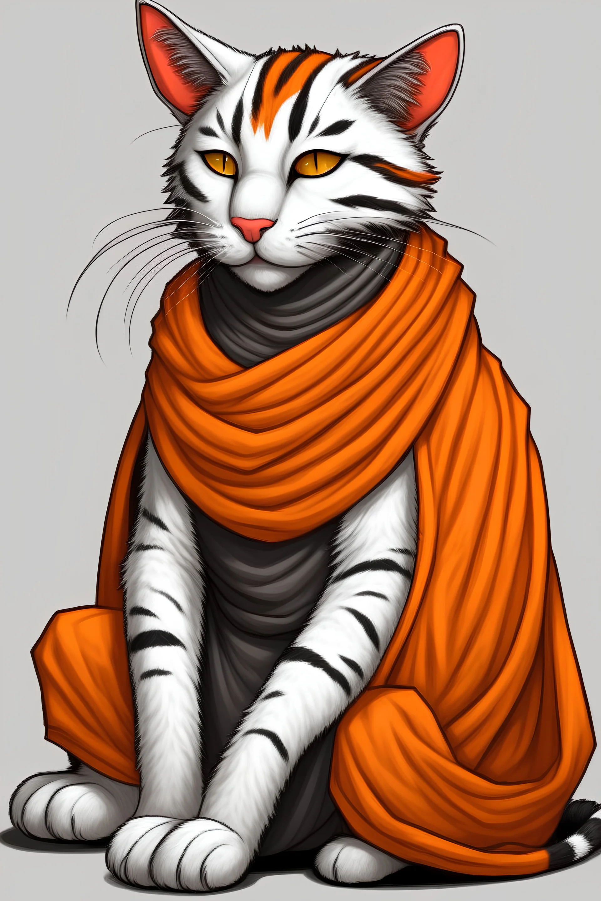A black, white and orange tabaxi monk wrapped in cloth