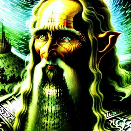 Dibujo Épico de Saruman en su torre del señor de los anillos estilo Van Gogh 4k