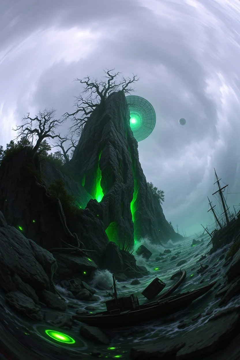 in the style of Fisheye lens. detailed close-up concept art of a Lovecraftian horror, chthon island featuring a decaying a ufo starship green light Focus on gnarled trees around rocky cliffs, with the a ushowing deep cracks and glowing substance oozing from them. Include hints of nightmarish creatures beneath turbulent waters. The stormy sky casts an eerie and green glow, with shipwreck debris and ancient ruins scattered on the shore to emphasize the sense of dread and abandonment