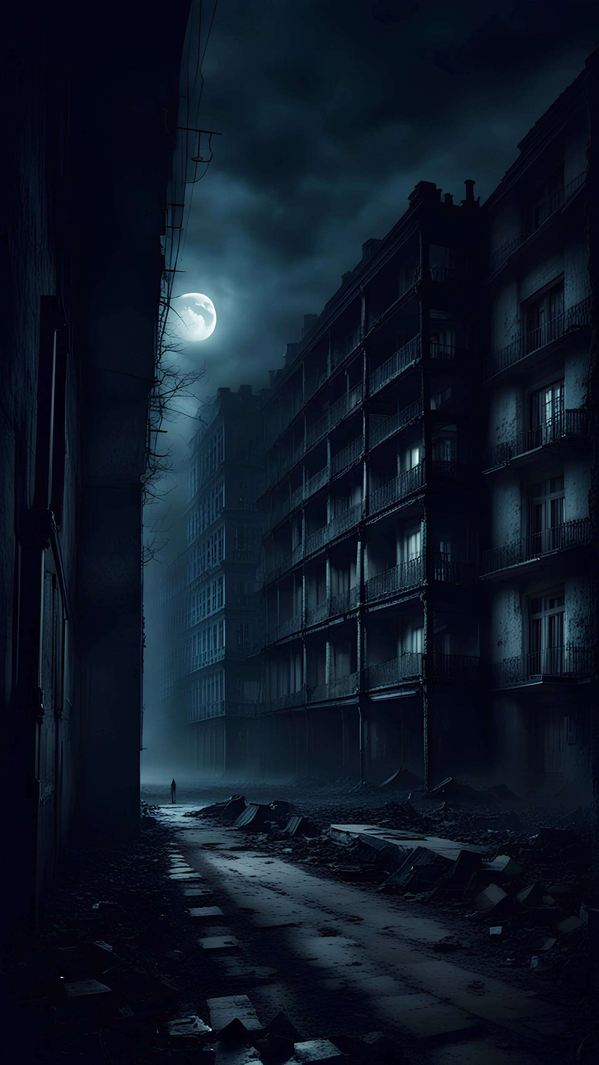 night past multi-storey buildings, there is silence all around, an eerie atmosphere, horror film style
