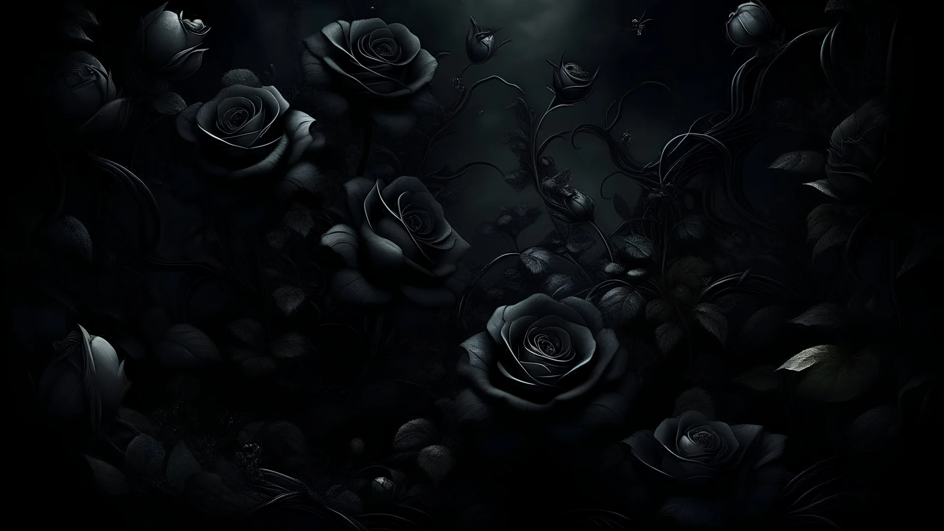 A dark and surreal digital illustration showing black roses in full bloom amidst the haunting atmosphere of the garden of eternal oblivion.