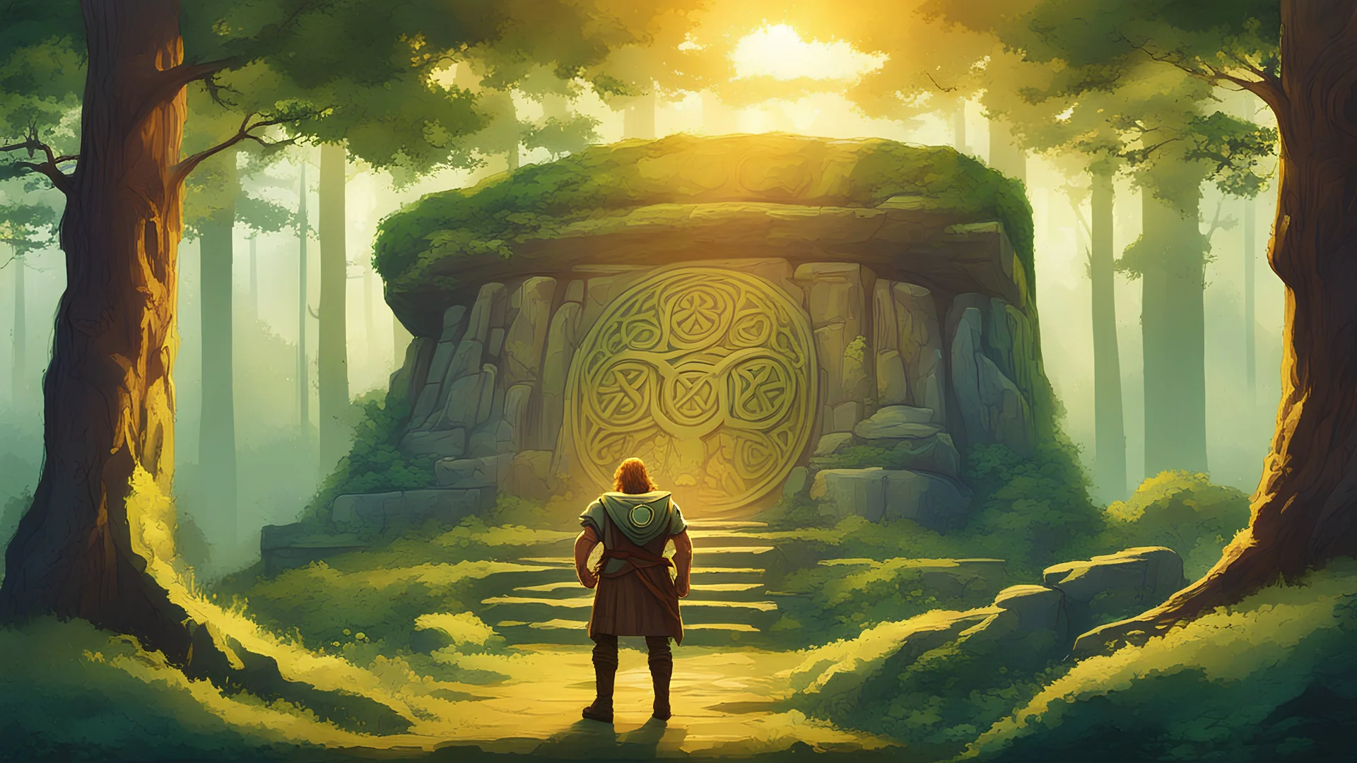 Retro video game showcases a lush forest bathed in golden sunlight, with a majestic dolmen standing amidst vibrant greenery. Hero, clad in Celtic attire, stands ready for adventure. At the center of the poster, our hero stands poised for adventure, clad in traditional Celtic attire and wielding a sword adorned with Gaelic motifs. Their gaze is resolute, reflecting determination in the face of the unknown. Beneath, silhouettes of mystical creatures dance