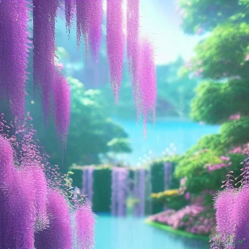 a pink castle, magical crystal pink castel, vertical light, pink and blue wisteria , pink vertical, blue lake,sharp, background vertical blue gradient vertical, elegant, highly detailed, artstation, concept art, smooth, sharp focus, illustration, 8k, splash art, wallpaper, key visual