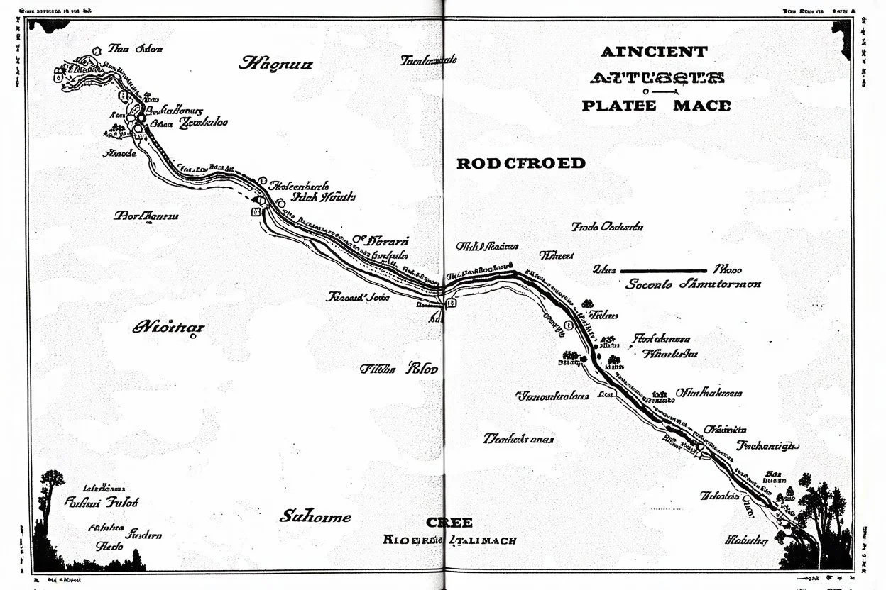 a scan of an ancient Cree road map of a fictional place, printed black and white but has since been stained and weathered