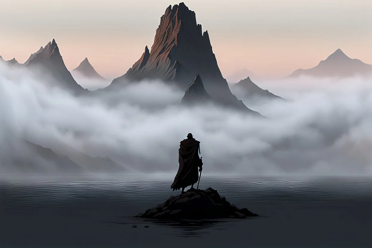 a single mountain rises out of a misty foreground shrouded in mist. The top peak of the mountain sticks into a dull sun. cinematic lighting, artstation, grim mood, looking up camera angle
