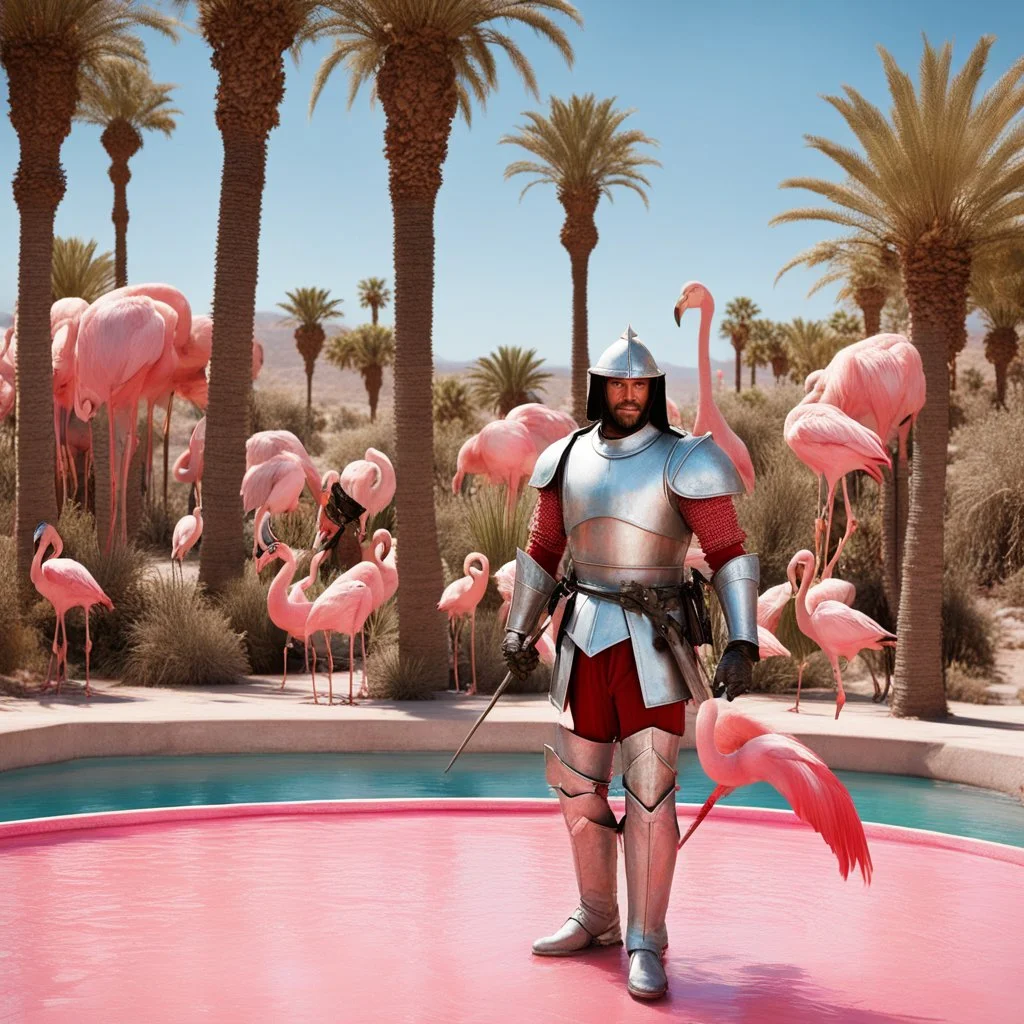 [high res photo by Gilligans Island] In the dazzling city of Las Vegas, clad in his worn armor that sparkles under the desert sun, Don Quixote, his tourney lance in hand, finds himself in a most curious setting—a pink swimming pool teeming with flamingos and bananas, ready to fight, in dust, rust and blood, him body is covered with leather combat belts