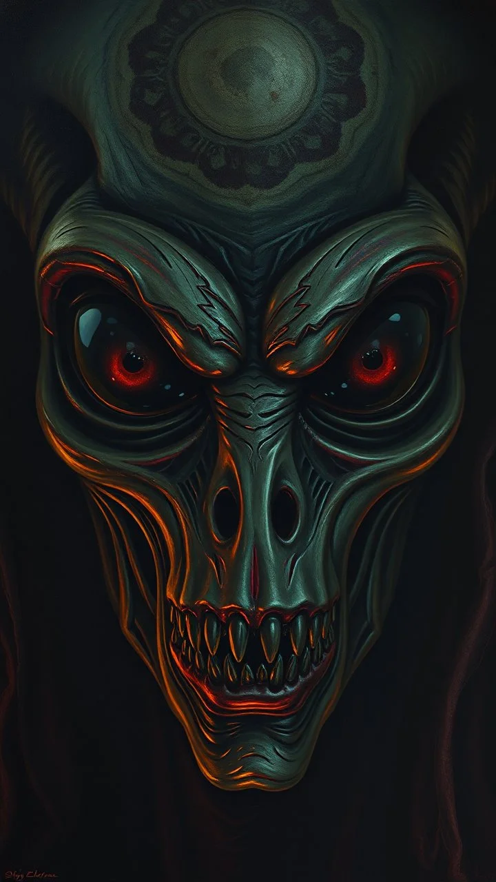 Hieronymus Bosch style nightmares alien face with dark glassy black with bright light reflecting