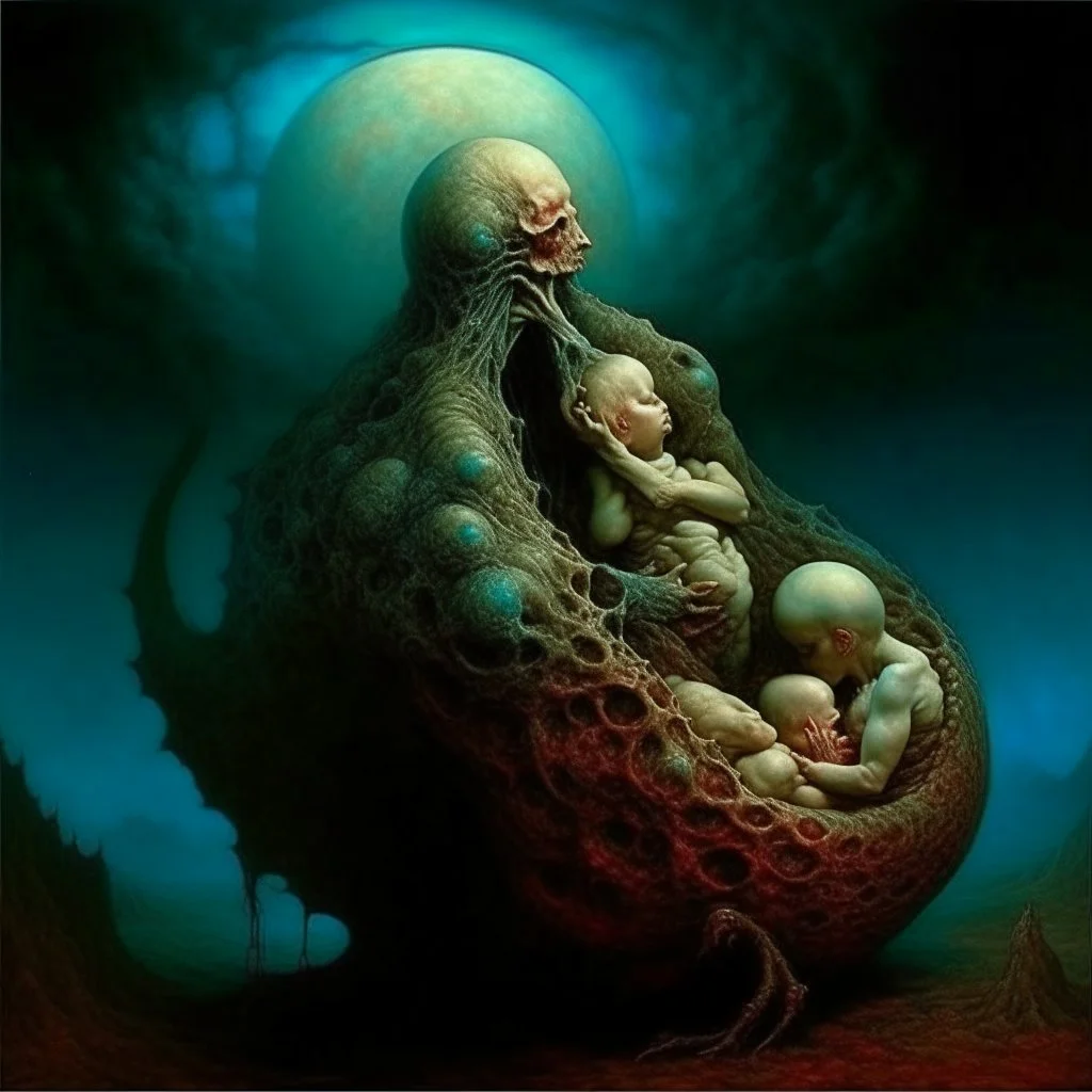 Visual Necromancy, zombie Madonna cradling an anthropomorphic worm baby on the moon, surrealist oil painting, by Zdzislaw Beksinski, putrescence essence