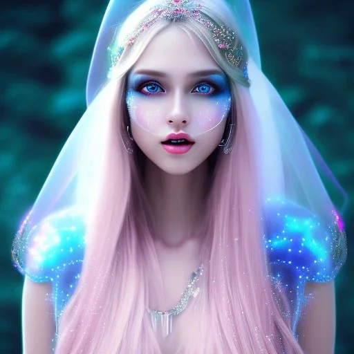 beautiful, soft, smiling face, whole head, long straight blonde hair blues eyes, crown on the head, clothing in transparent bluish and pink veil, background brillante bluish and pink, hight definition, 8K