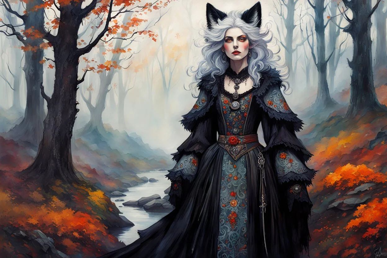 full body, close up fantasy portrait, of a cool female silver fox goth , with highly detailed hair and facial features, in a flowing, ornate peasant dress in a foggy, otherworldly, mystical and enchanted forest ,in the painting style of Egon Schiele, Arthur Streeton and Peter Wileman in vibrant autumnal colors