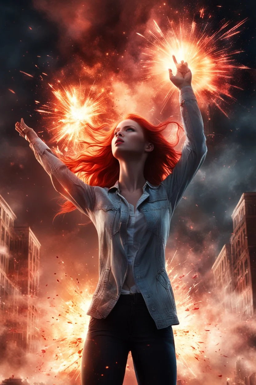 Photorealistic young long red-haired woman standing, with arms raised, looking at an exploding building at night, with red auras around her