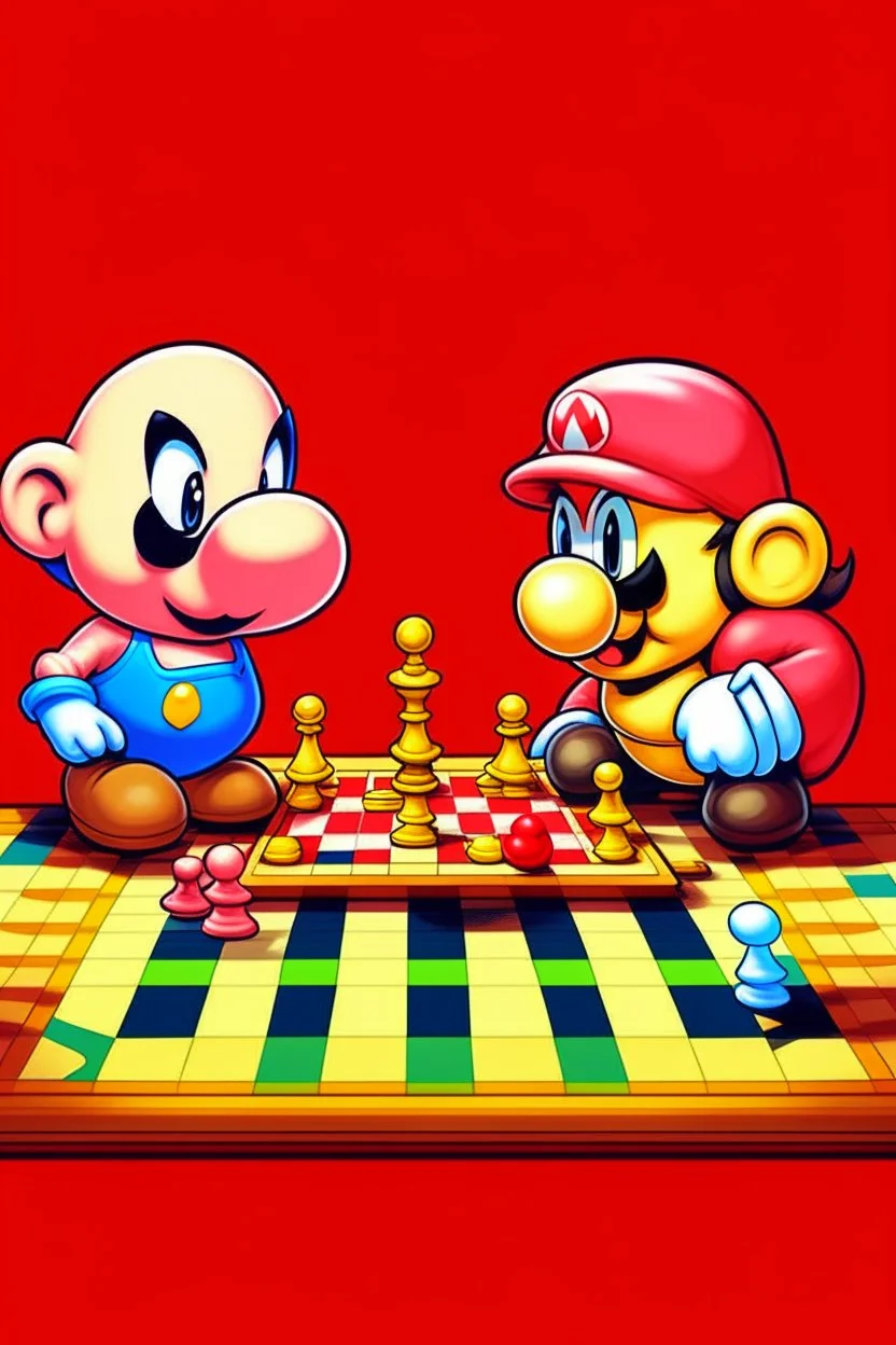 Super Mario playing chess against kirby.