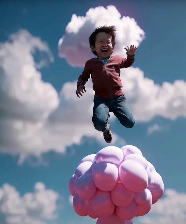 Ultra realistic clouds sky scene, medium shot view, portrait, sweet Childs, free jumping flying, trinkets, monster hair, jelly beans, balls, smile, happy, Wes Anderson style, inflatable color clothing, extreme, wind, clouds sea, 20,000 feet altitude, stratosphere, soft color, highly detailed, unreal engine 5, ray tracing, RTX, lumen lighting, ultra detail, volumetric lighting, 3d, finely drawn, high definition, high resolution.