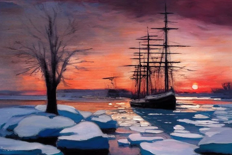 Amazing sunset, trees, ice, winter, ships, philip wilson steer impresionism painting