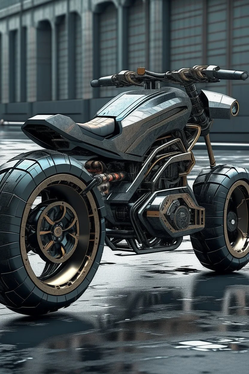 An advanced motorcycle with four wheels and a turbo jet on the back