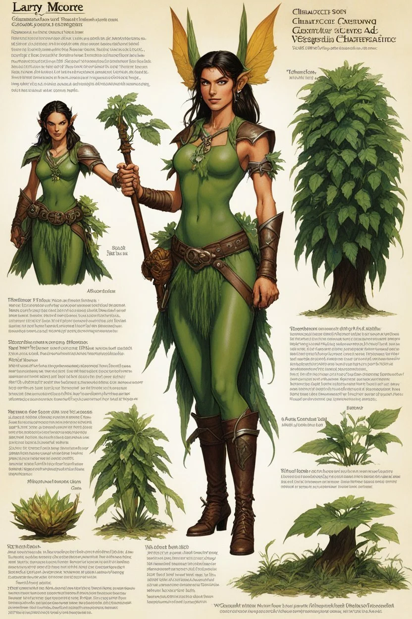 character concept sheet with AD&D statistics and characteristics, [illustration by Larry Elmore] playable class of vegetal shape shifting faerie