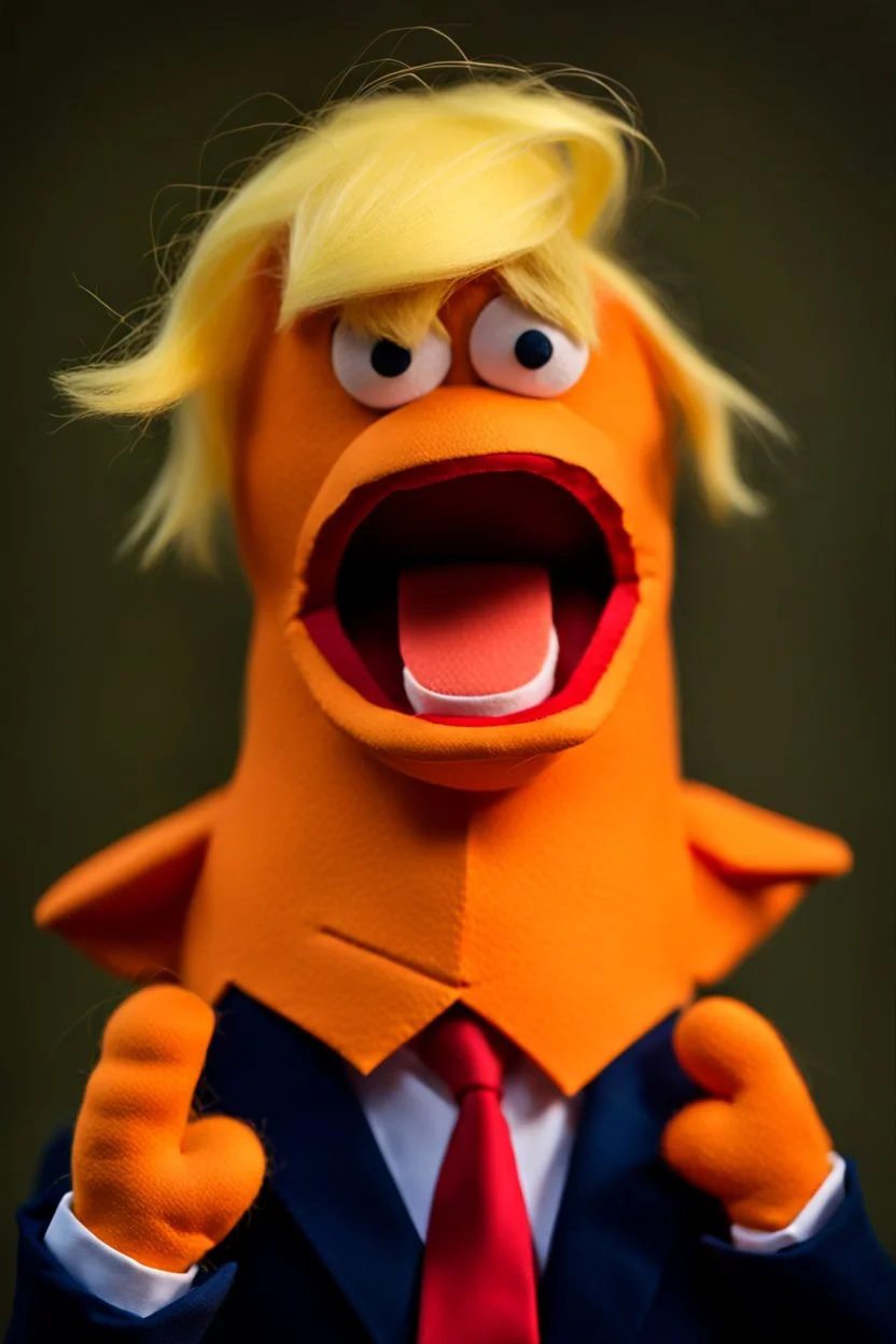 a Film Photograph of a realistic angry orange Donald Trump Muppet made of felt and foam wearing a dark blue suit and red tie and with blonde hair combover, he is old and angry with a round mouth