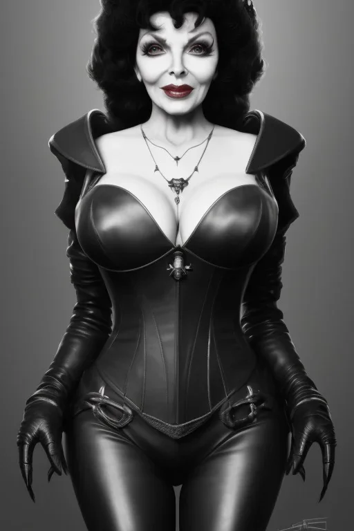 Joan Collins as evil queen in black leather, leather, busty, cleavage, angry, stern look. character design by cory loftis, fenghua zhong, ryohei hase, ismail inceoglu and ruan jia. unreal engine 5, artistic lighting, highly detailed, photorealistic, fantasy