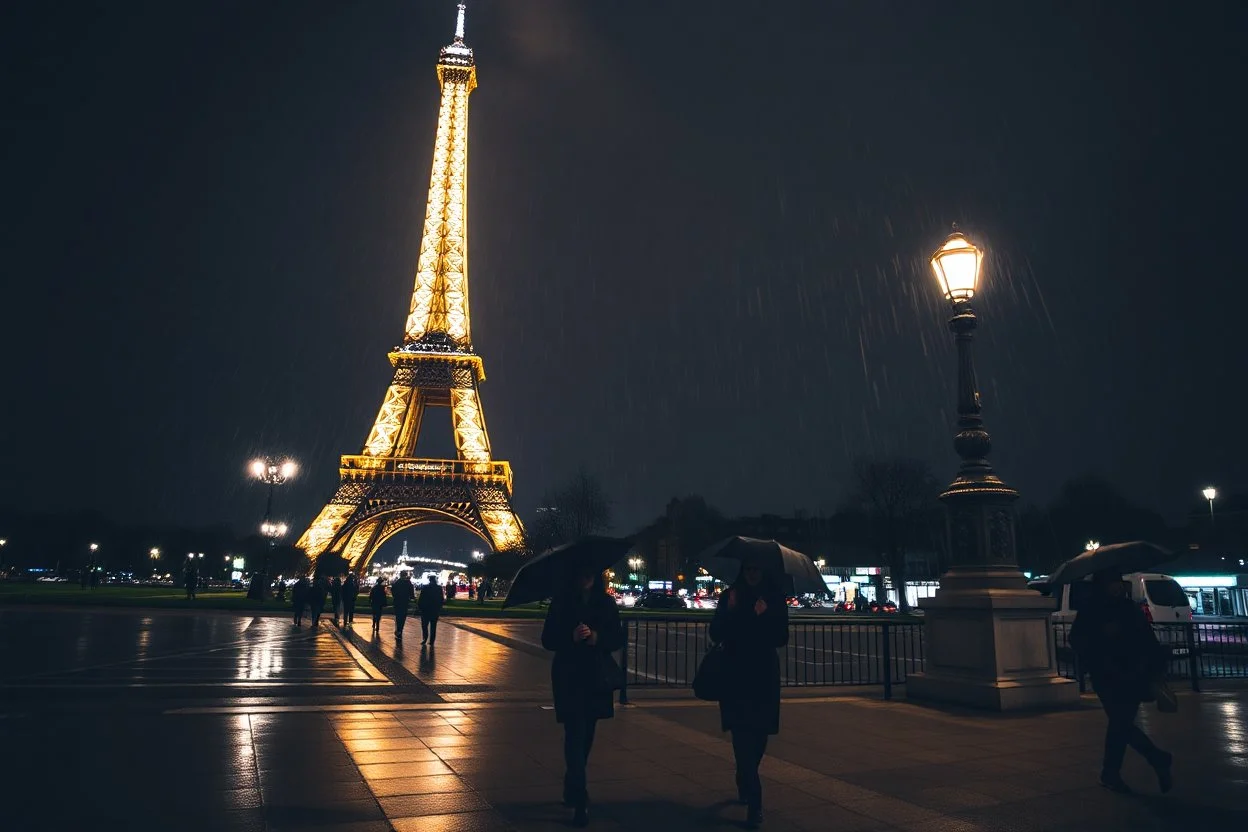around Eiffel tower a few people with umbrella walking while it is raining at night and the Eiffel is seen complete