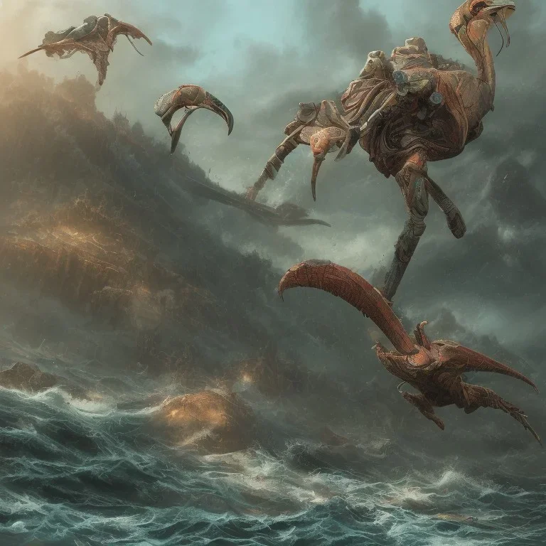 an ibis warrior in orange and green full battle armor, background of giant crashing ocean waves, a highly detailed illustration, realistic render, 8 k, micro detail, intricate, elegant, centered, digital painting, smooth, sharp focus, illustration, artgerm, tomasz alen kopera, peter mohrbacher, donato giancola, joseph christian leyendecker, wlop, boris vallejo