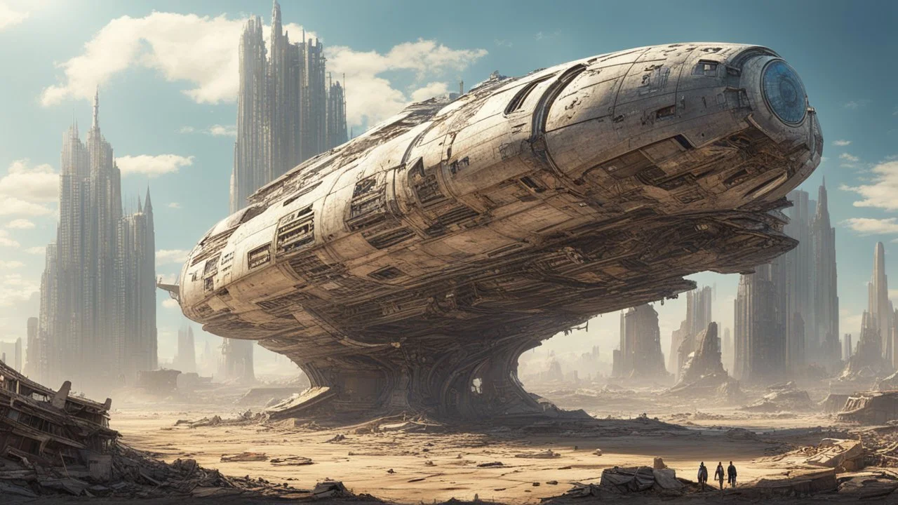 A small, wide, squat Spaceship hovering in a ruined alien city, surrounded by tall damaged buildings, clear blue sky, small white clouds, photorealistic