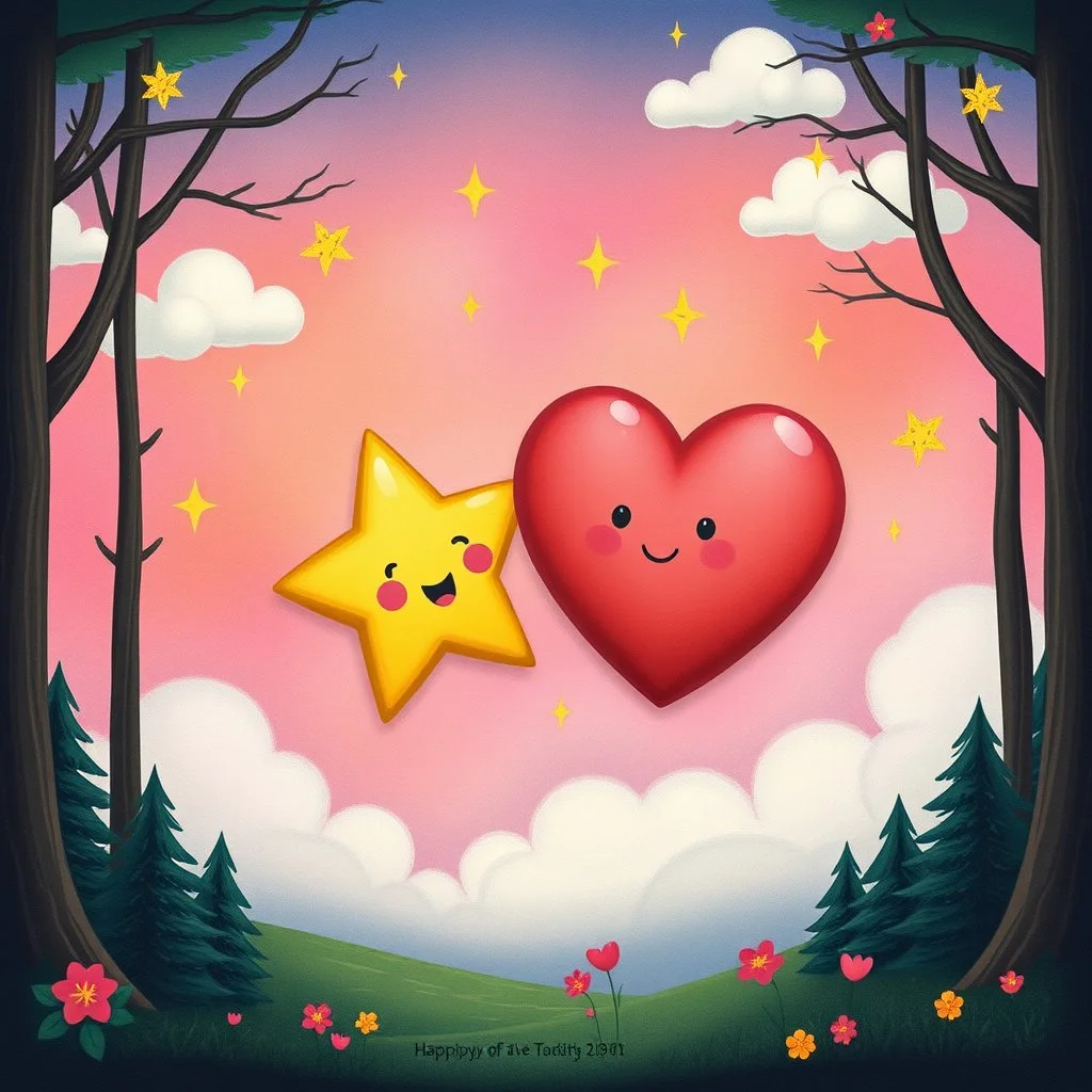 star-buddy and a heart-buddy with clouds in the forest-of-feelings