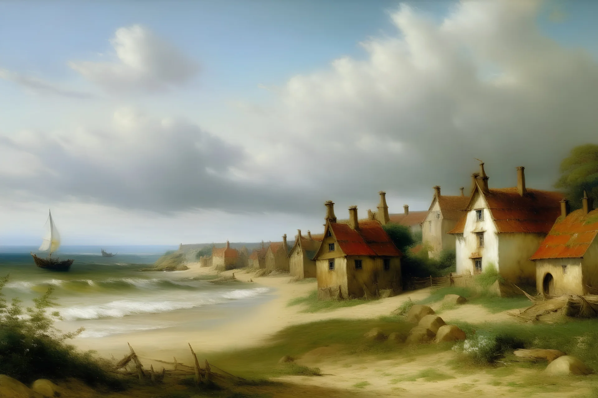 A village with windmills near a beach painted by Gustave Courbet