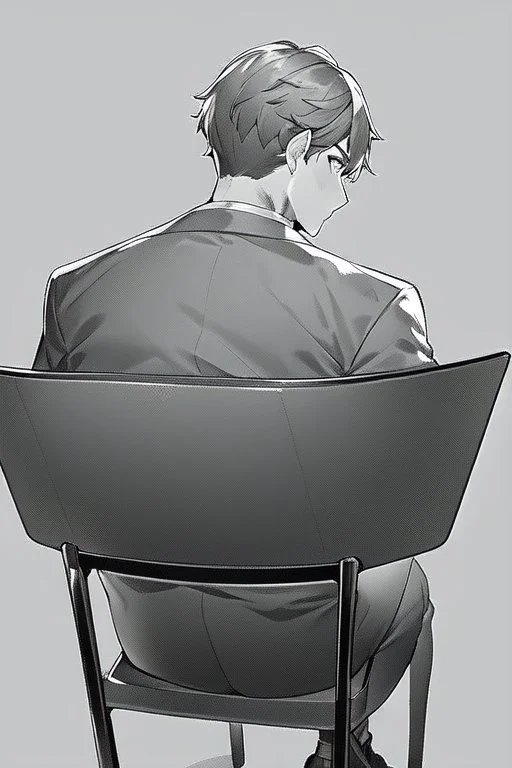 male character sitting on a plastic chair seen from behind, line arts, greyscale