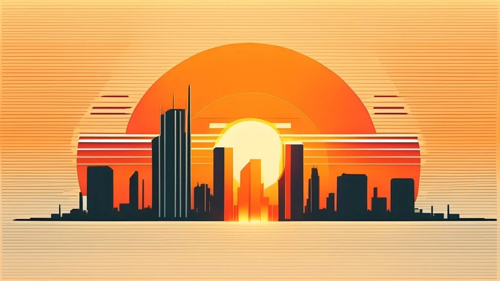 minimal design,shapes, synth-wave, synth-wave sun, synth-wave city, simple,iconic:1.8), synth-wave color in city, comic style