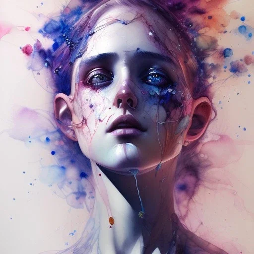 portrait, high lighting,singer Danish MØ face, watercolor illustration by <agnes cecile> <Yoji Shinkawa>, darkblue tones,intricate detail , soft smooth lighting, soft pastel colors,