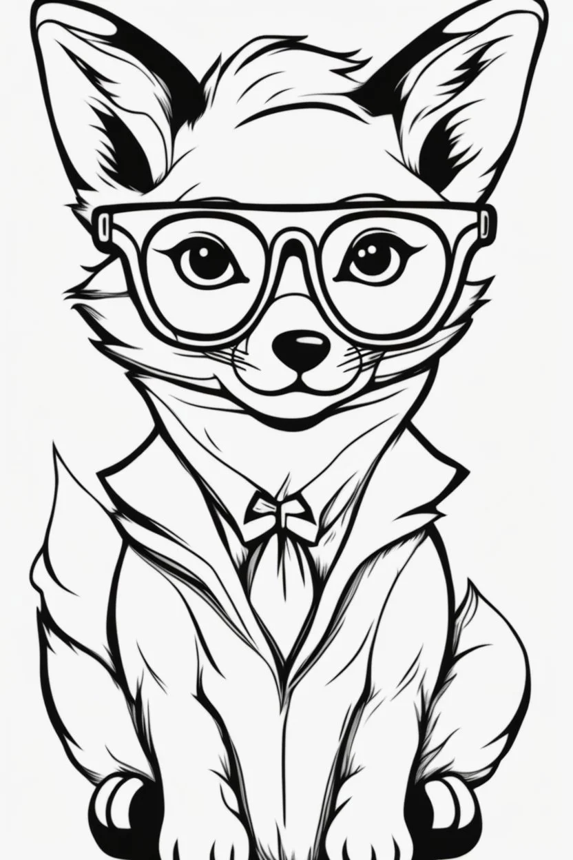 Outline art for cute coloring pages with fox with glasses, full body, white background, sketch style, only use outline, clean line art, no shadows and clear and well outlined.