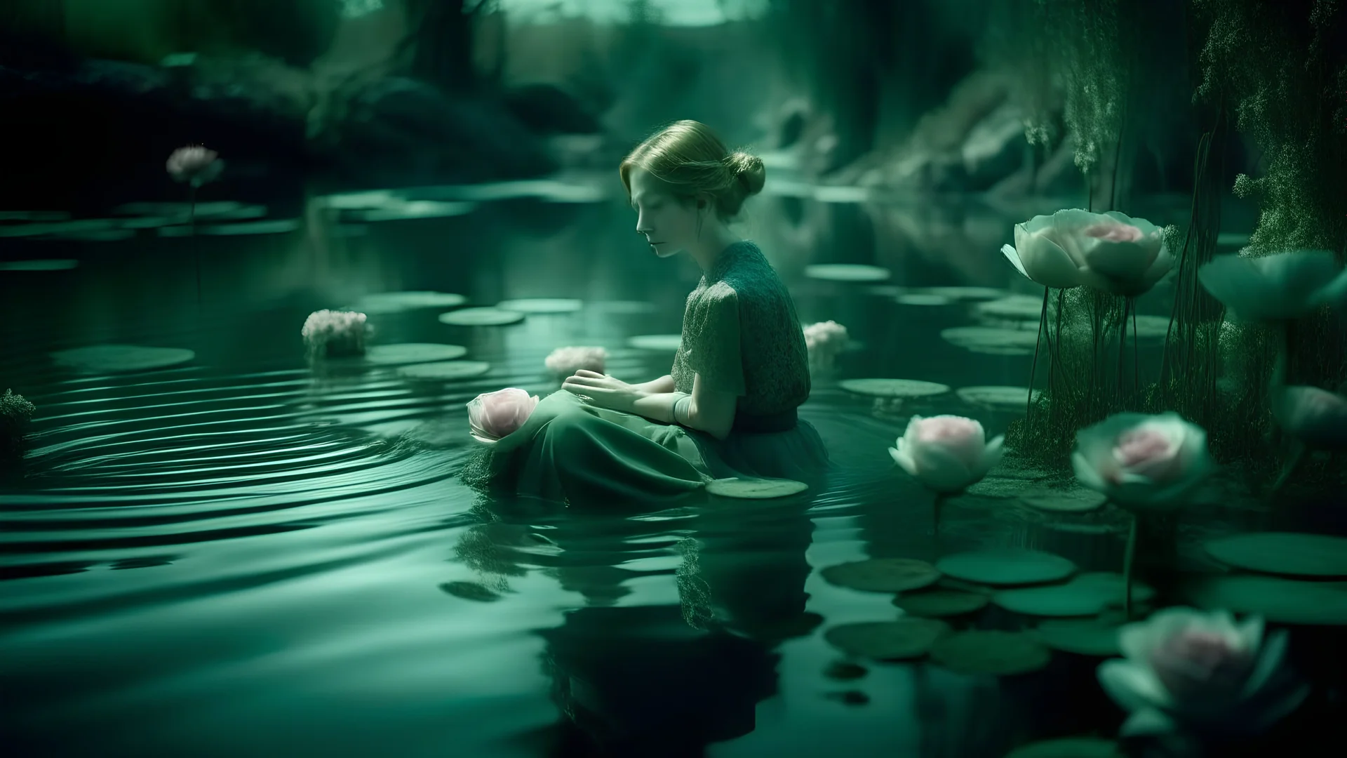 surreal and dreamlike, a trapped journalist celebrate the demise of a florist on a lake, sophisticated muted-green color scheme, splitlight effect, profesional photography, hard shadows, high contrast, saturated, pastel, dreamy atmosphere, liquid psychedelic