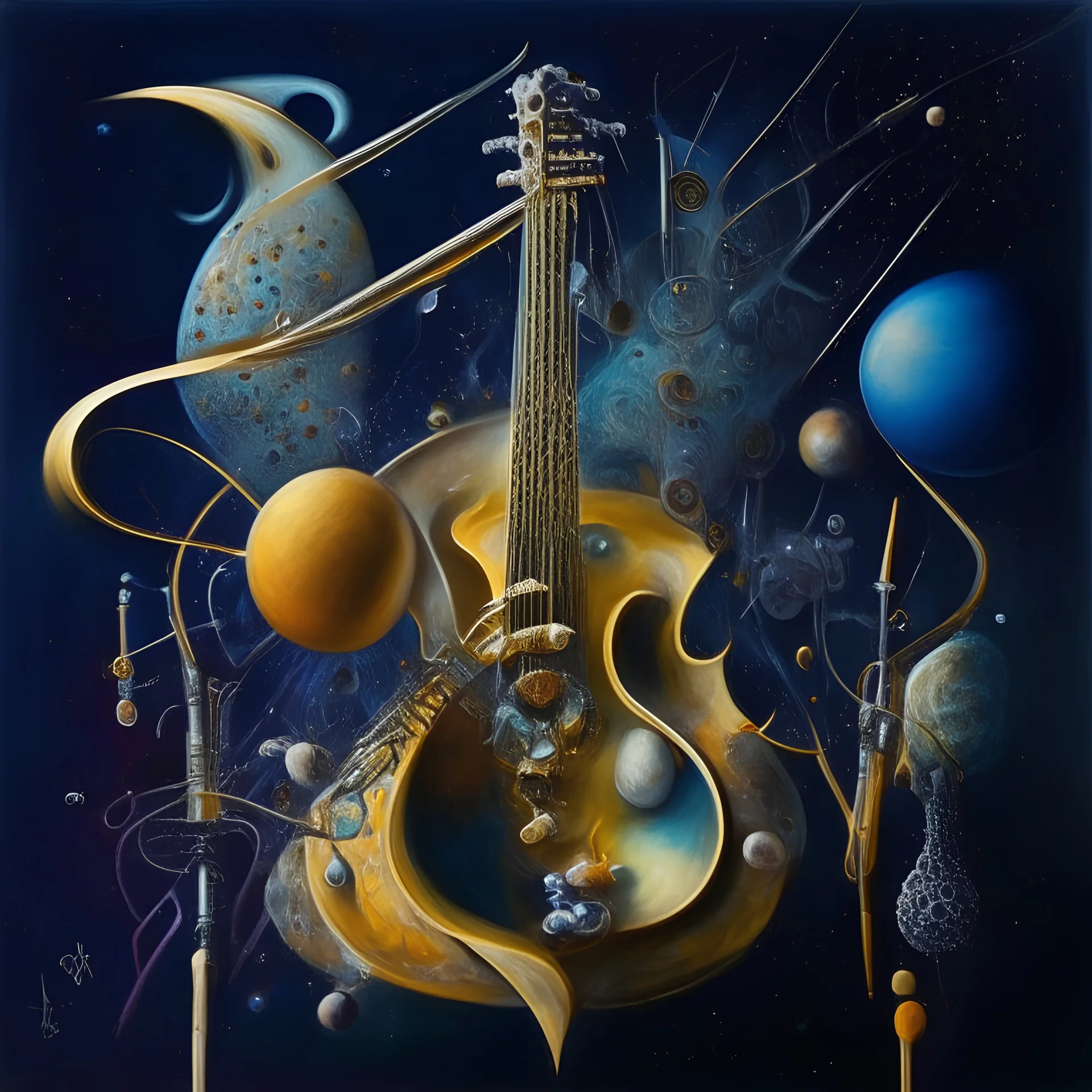 multiverse-like complex surgical instruments mixed with galaxy-like musical instruments,,Abstract painting formed by a mix of human flesh-like surgical instruments and universe-like musical instruments,neuralink,minimalism,Painting By Adrian Ghenie, Rene Magritte, Salvador Dali, Lucian Freud