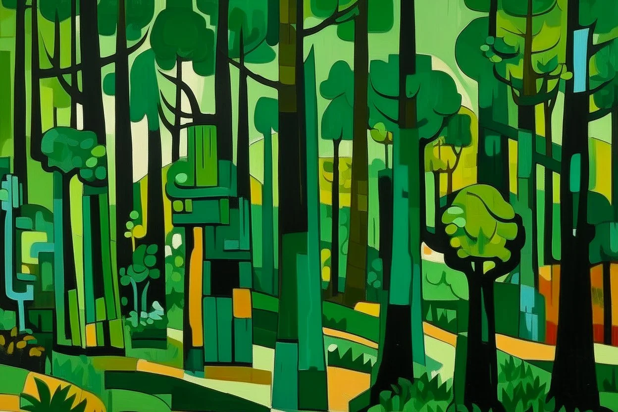 A green forest with tree tanks painted by Stuart Davis