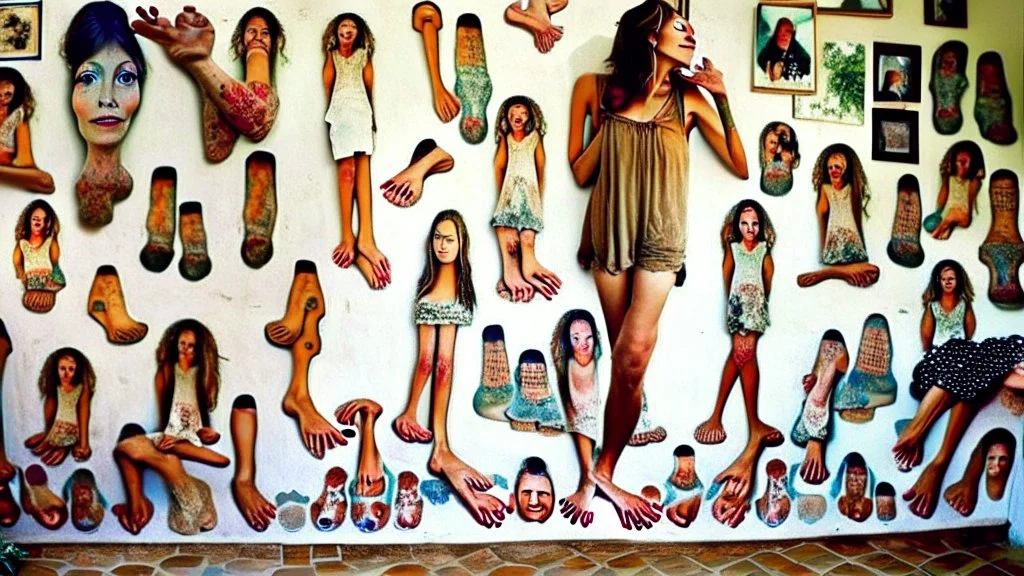 lady with pictures of bare feet all over walls